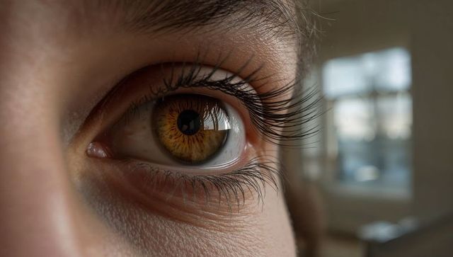 Macro amber eye reflecting multi-pane window with long eyelashes and skin texture detail