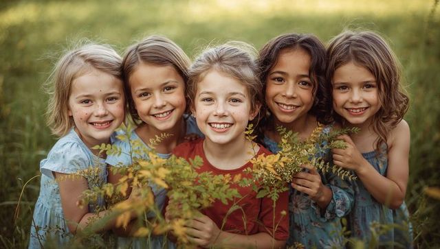 Smiling girls leaning together in sunlit meadow holding golden branches