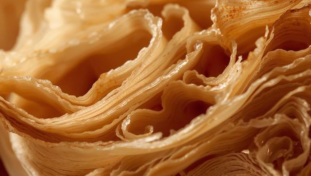 Macro closeup of golden flaky pastry layers revealing delicate laminated curled ruffles