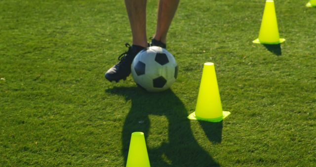 Soccer player learning footwork and agility, moving around bright yellow cones on green grass. Perfect for usage in sports training programs, soccer drills demonstrations, athletic wear promotions, and motivational sports posters.