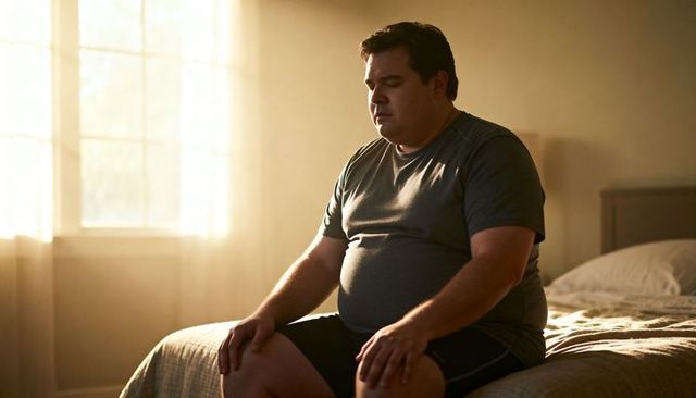 Man sitting on bed edge at sunrise reflecting in quiet bedroom with soft natural light