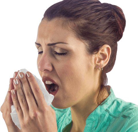 Sneezing woman uses tissue, sneezing transparent background