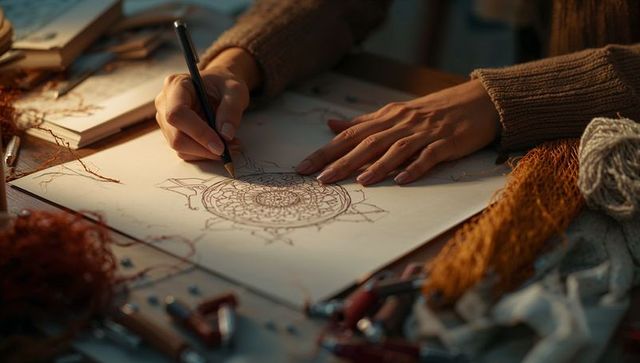 Artist sketching intricate mandala design in cozy workspace