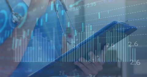 Doctor Analyzing Data on Clipboard with Digital Interface Overlay