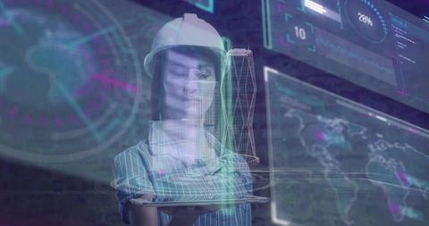 Engineer projecting holographic skyscraper from tablet while analyzing digital dashboards