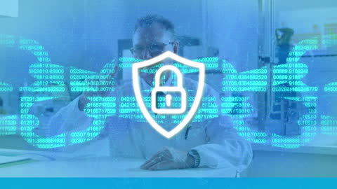 Doctor In Lab Emphasizes Data Protection with Digital Interface Concept