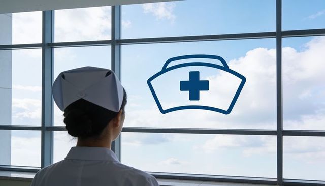Nurse standing at hospital window gazing at medical cap icon against blue sky