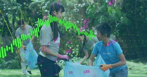 Volunteers Cleaning Park with Financial Data Overlay Concept