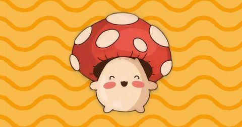 Whimsical cartoon mushroom character with a smiling face