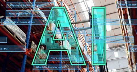 Ai activating inventory analytics overlaying warehouse with turquoise data chat boxes