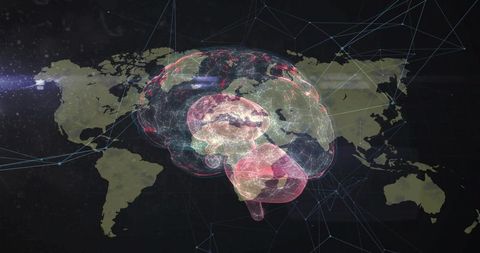Futuristic Holographic Brain Over World Map Technology Concept