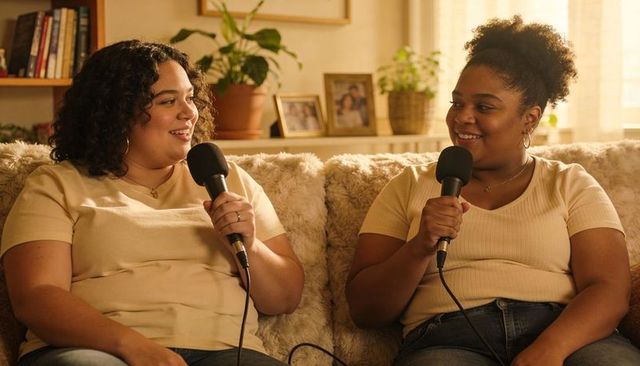 Two women recording cozy conversational podcast on sunlit living room couch sharing banter