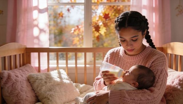 Young mother feeding newborn with bottle in cozy autumn nursery sunlight