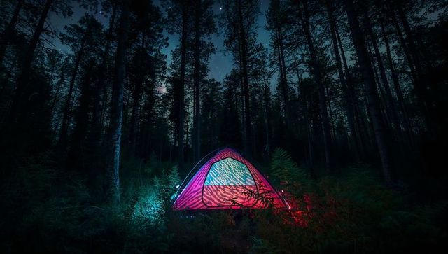 Glowing Neon Tent Illuminating Pine Forest Under Starry Night