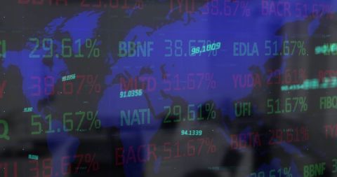 Digital financial data displayed over world map