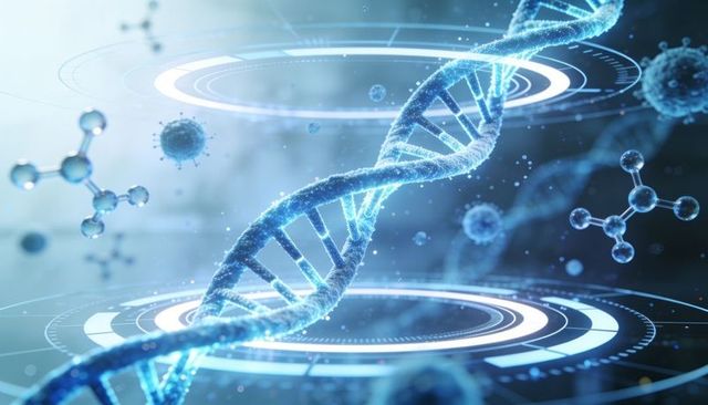 Glowing dna double helix rotating through holographic rings with future biotech elements