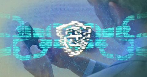 Businessman tapping smartphone viewing holographic cybersecurity shield and code overlay