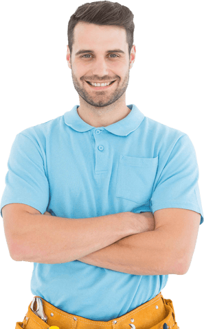 Transparent Smiling Handyman with Crossed Arms in Blue Shirt - Download Free Stock Videos Pikwizard.com