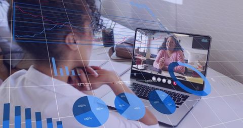 Attending virtual team meeting and analyzing interactive data dashboards on laptop screen