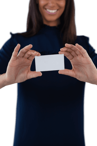 Transparent Business Card Held by Smiling Woman