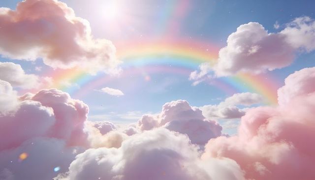 Arching pastel rainbow over glowing cotton-soft cumulus clouds with sun flare and bokeh