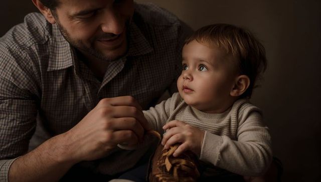 Father helping toddler tie shoe in warm intimate moment, gentle bonding and parenting care