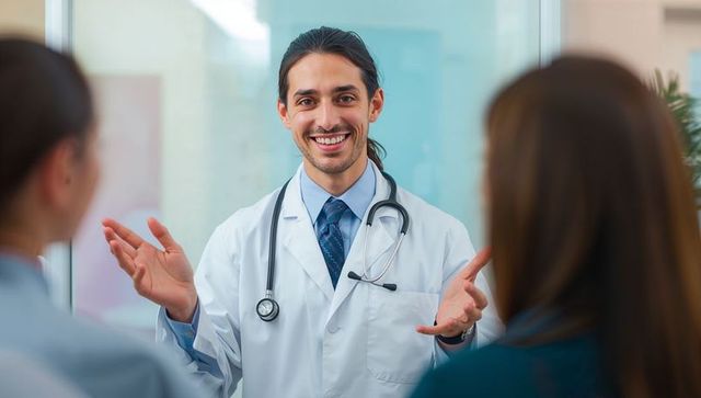 Smiling male physician gesturing during friendly clinic consultation with stethoscope