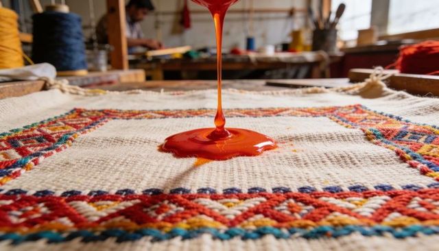 Pouring orange dye onto handwoven textile with colorful embroidered border