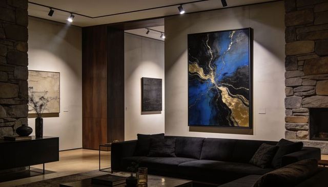Modern living room featuring vertical blue and gold abstract painting with ambient lighting