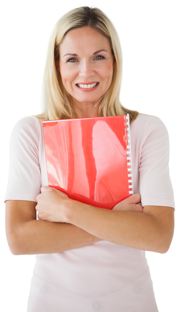 Smiling Caucasian Woman Holding Red Notebook Transparent Background - Download Free Stock Videos Pikwizard.com