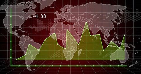 Neon green global analytics chart overlaying world map with futuristic data visualization