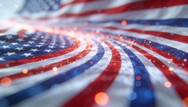 Waving american flag macro with bokeh sparkle, curved stars and stripes texture