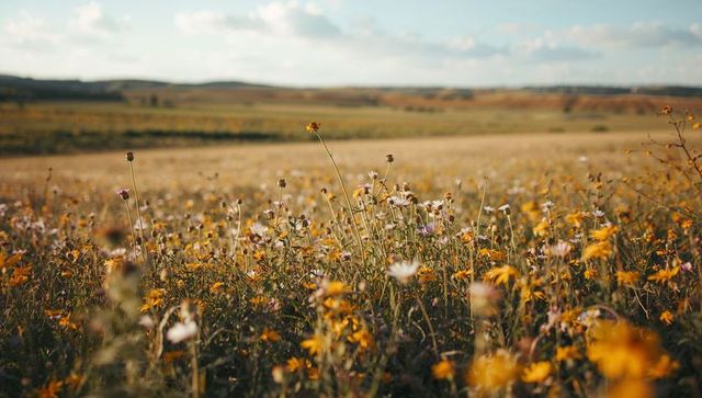 Late-afternoon wildflower meadow glowing and blooming with yellow and white daisies