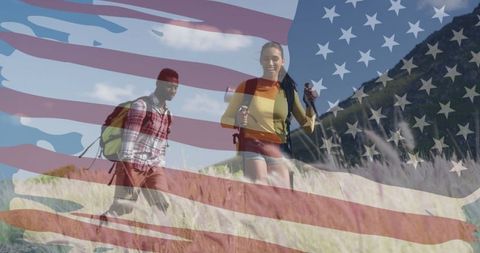 Joyful Hikers with American Flag Overlay in Mountain Landscape