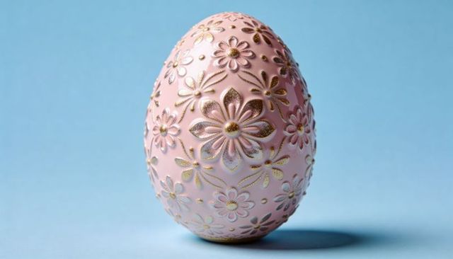 Pastel pink embossed floral egg with gold accents on soft blue backdrop for easter spring decor