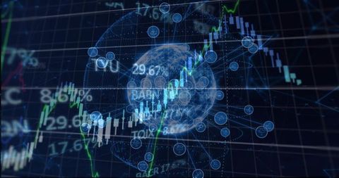 Holographic globe visualizing global finance data with candlestick chart and rising trend