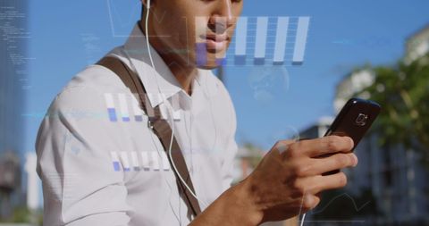 Financial Data Processing Concept over Man with Smartphone