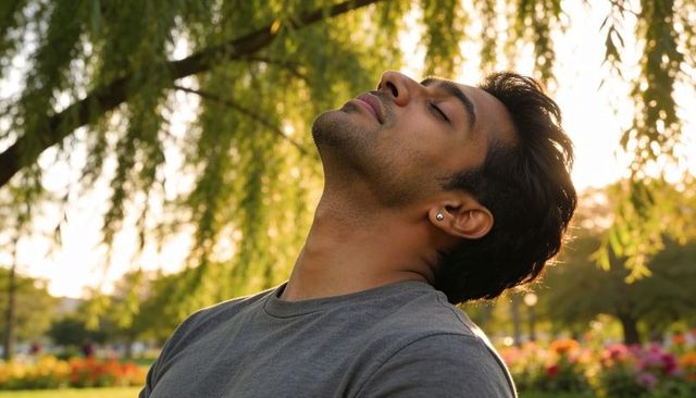 Basking in golden light: young man tilting head back, relaxing in park at sunset
