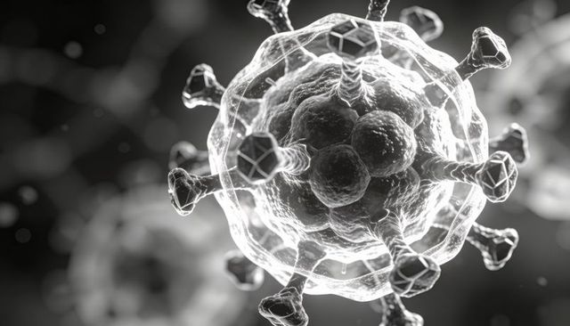 Glowing viral particle showing geometric spike tips and translucent lipid envelope