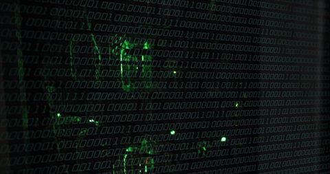 Green binary matrix overlaying circuit traces with glowing led points for cybersecurity