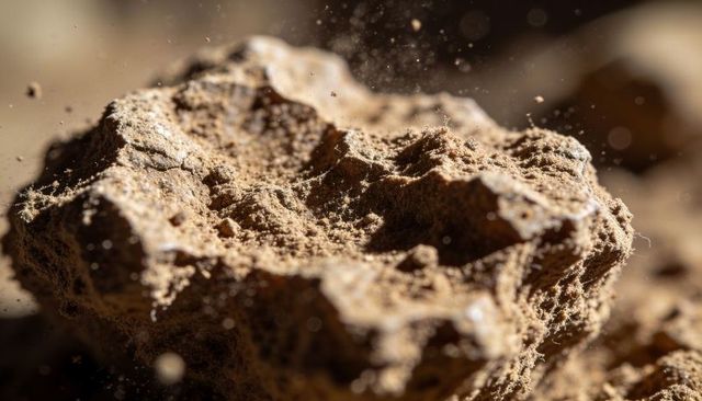 Sunlit macro showing crumbly soil clump with dust motes and lint fibers in closeup