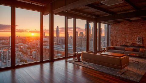 Urban loft living room with floor-to-ceiling windows at golden sunset city skyline