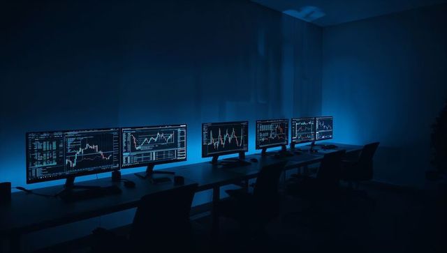 Dark trading room with six widescreen monitors displaying candlestick charts and blue lighting