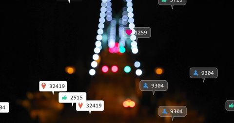 Social media engagement icons superimposed over blurred cityscape