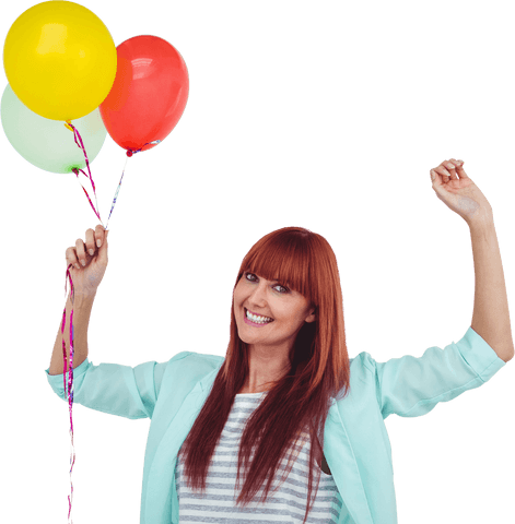 Joyful Woman Holding Colorful Balloons on Transparent Background