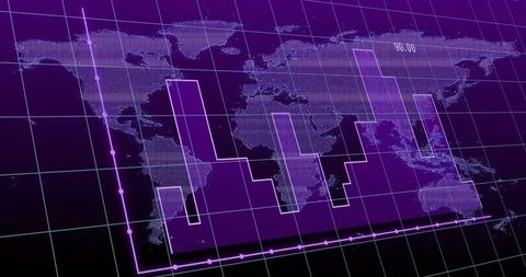 Displaying neon holographic world analytics with purple stepped bars and glowing trend line