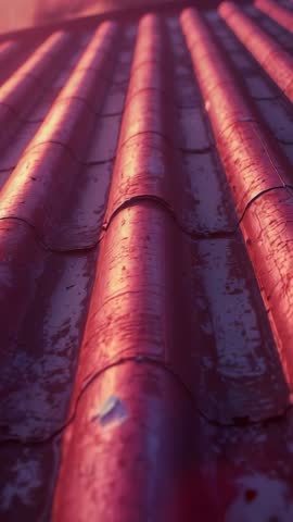 Vertical tracking shot moving upward along wet red roof tiles with reflective texture