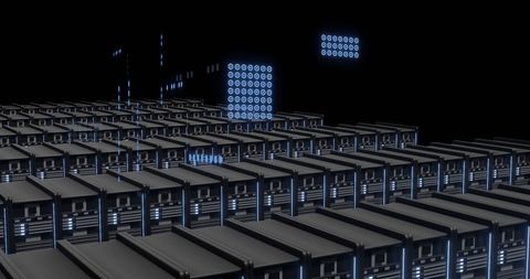 Futuristic server farm with digital network process display