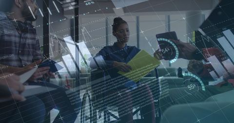 Diverse Business Team Analyzing Data with Technology Overlay