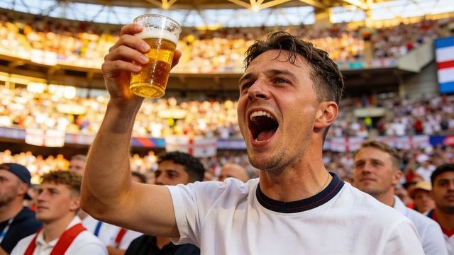 Male fan celebrating with beer in packed stadium during soccer match, joyful crowd energy
